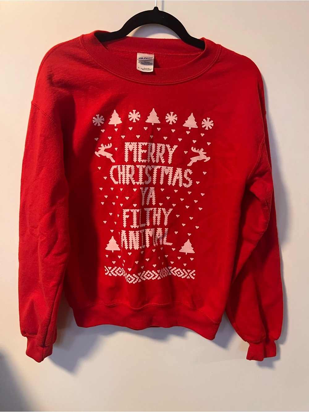 Gildan Red Crewneck Sweatshirt with White Holiday Graphic